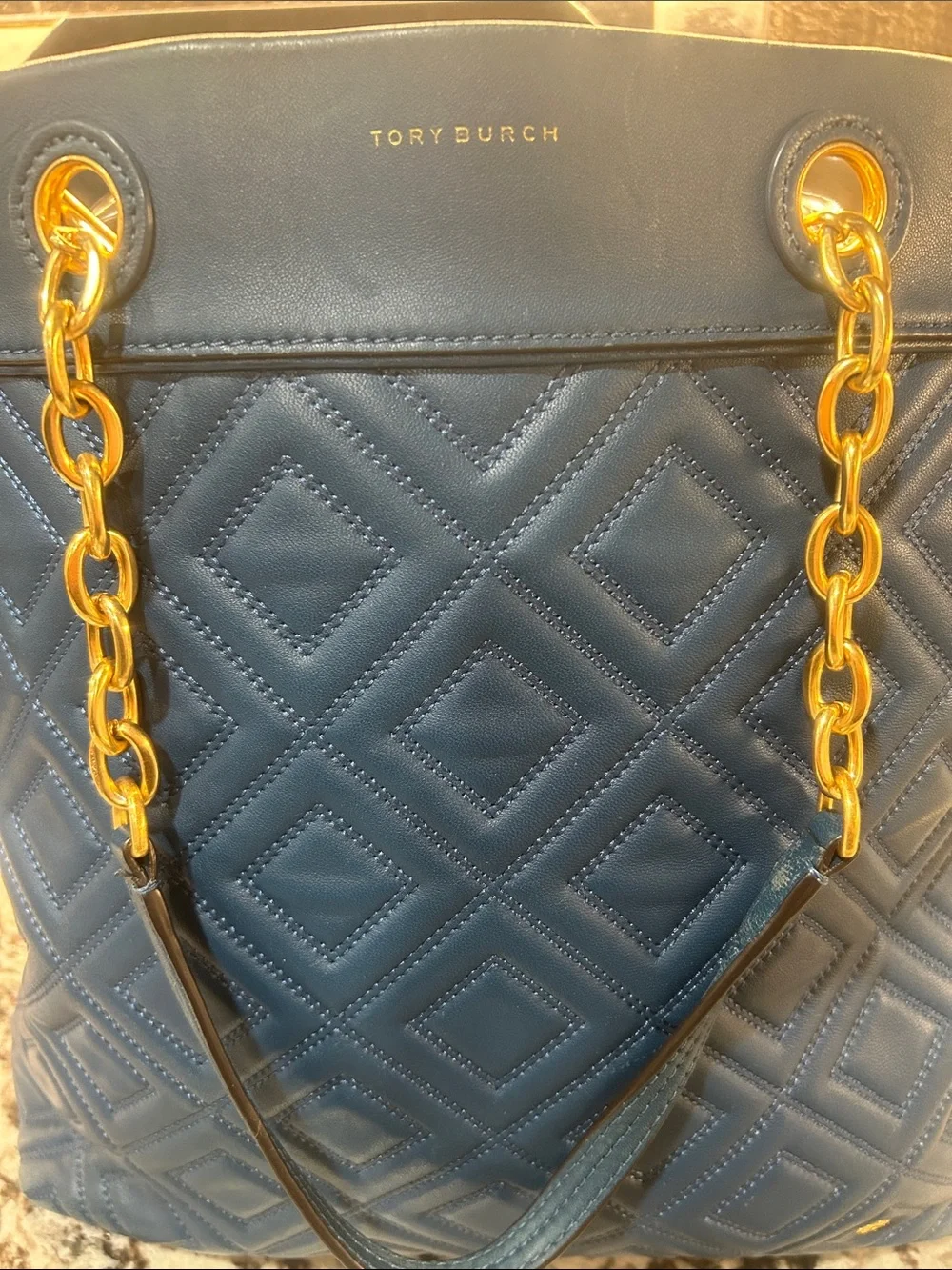 Tory Burch Quilted Navy Leather Tote with Gold Chain Handles GUC